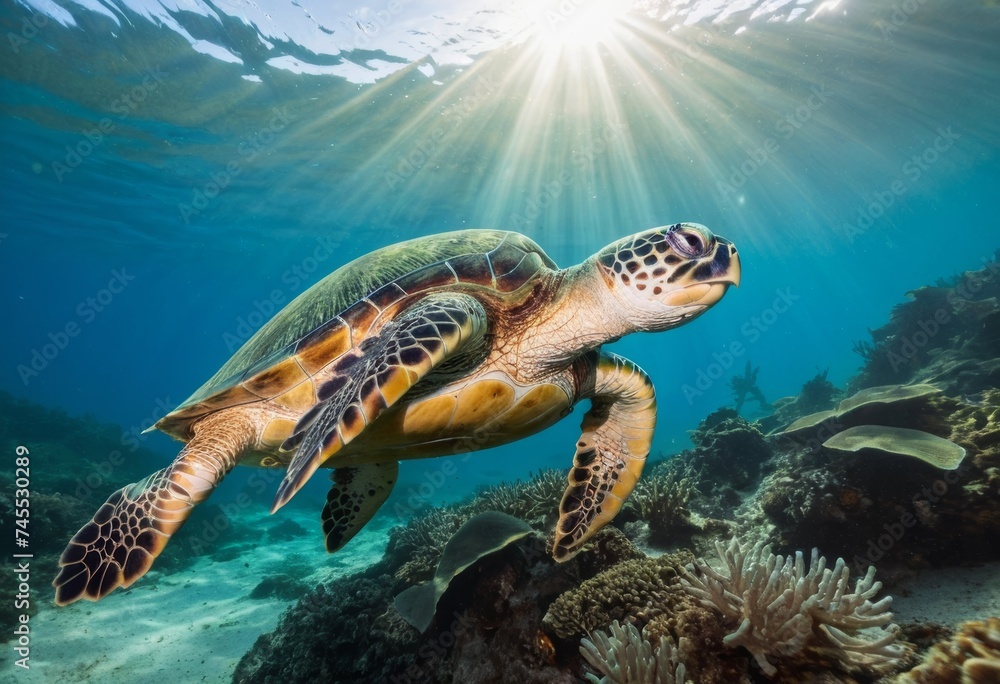 Fototapeta premium Sea turtle with sunburst in background underwater