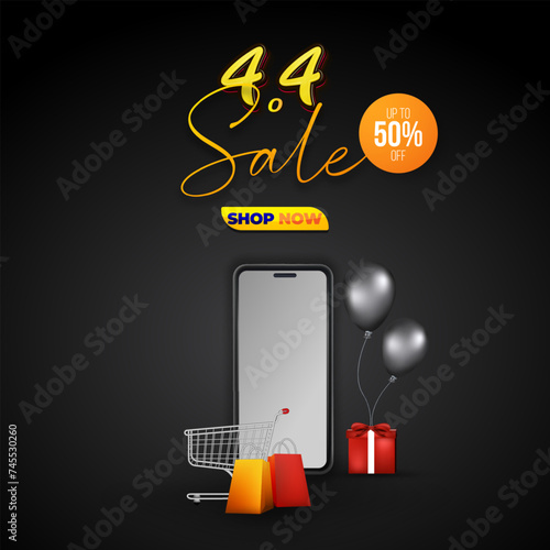 4.4 sale discount template banner with blank space for product sale with abstract gradient black and orange background design