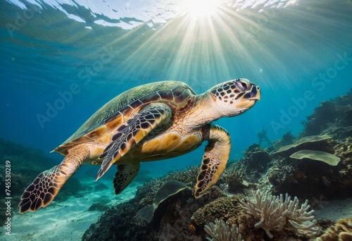 Sea turtle with sunburst in background underwater © orelphoto