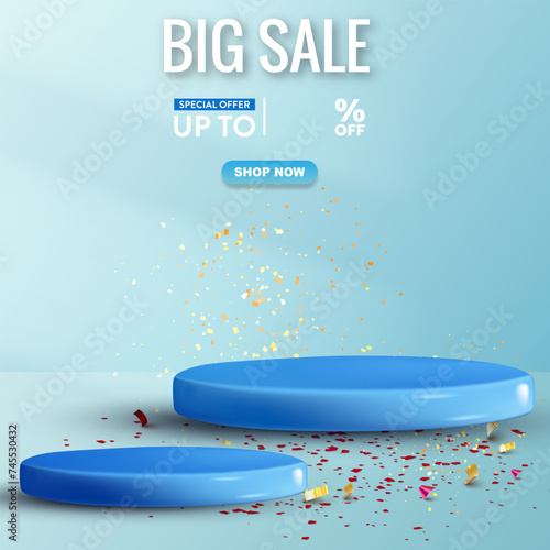 big sale discount template banner with blank space 3d podium for product sale with abstract gradient blue and white background design