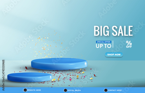 big sale discount template banner with blank space 3d podium for product sale with abstract gradient blue and white background design