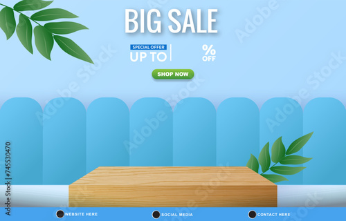big sale discount template banner with blank space 3d podium for product sale with abstract gradient blue background design