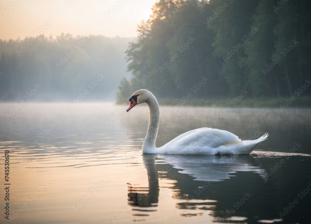 Fototapeta premium A white swan on a lake at foggy morning
