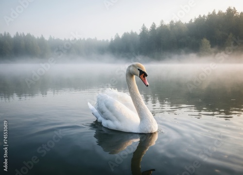 A white swan on a lake at foggy morning