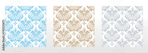 Wallpapers in the style of Baroque. Seamless vector backgrounds. Set of colored floral ornaments. Graphic patterns for fabric, wallpaper, packaging. Ornate Damask flower ornaments