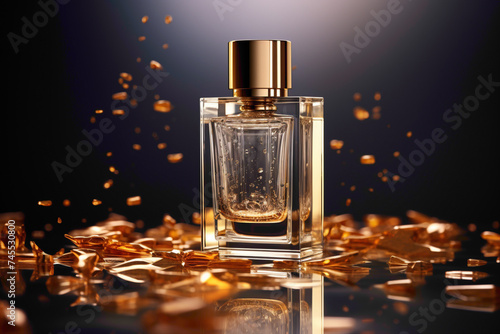A high-end perfume flacon with liquid gold inside, catching the light in a way that emphasizes its luxury and sophistication. photo