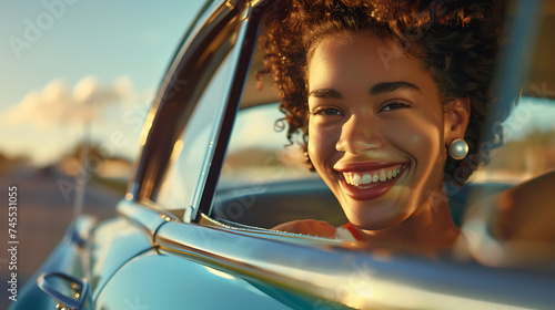 Jovem mulher sorrindo enquanto olha pela janela de um carro vintage em um dia ensolarado photo