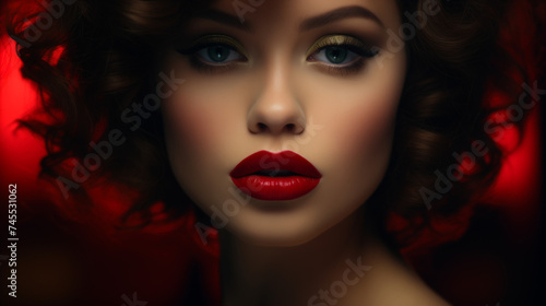 women with dark red lips with red background