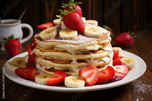 Pancakes banana honey strawberry. Oatmeal food. Generate Ai