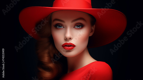 stylish women in red lips and red hat 