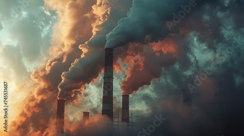 Smoke from factories pollutes the evening sky with industrial emissions. Release pollutants into the atmosphere, Industrial Impact on Air Quality. Protect the Earth on Earth Day.