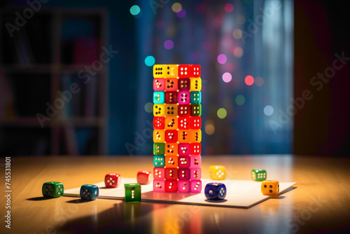 A ludo cube standing tall amidst a vibrant ludo board, surrounded by colorful game pieces. The soft ambient light highlights the details on the cube.