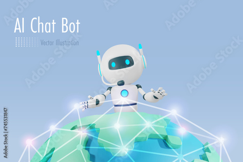 AI chat robot on digital world network connecting. AI robotics and chatbot technology influence in people lifestyle and worldwide trends. 3D vector.