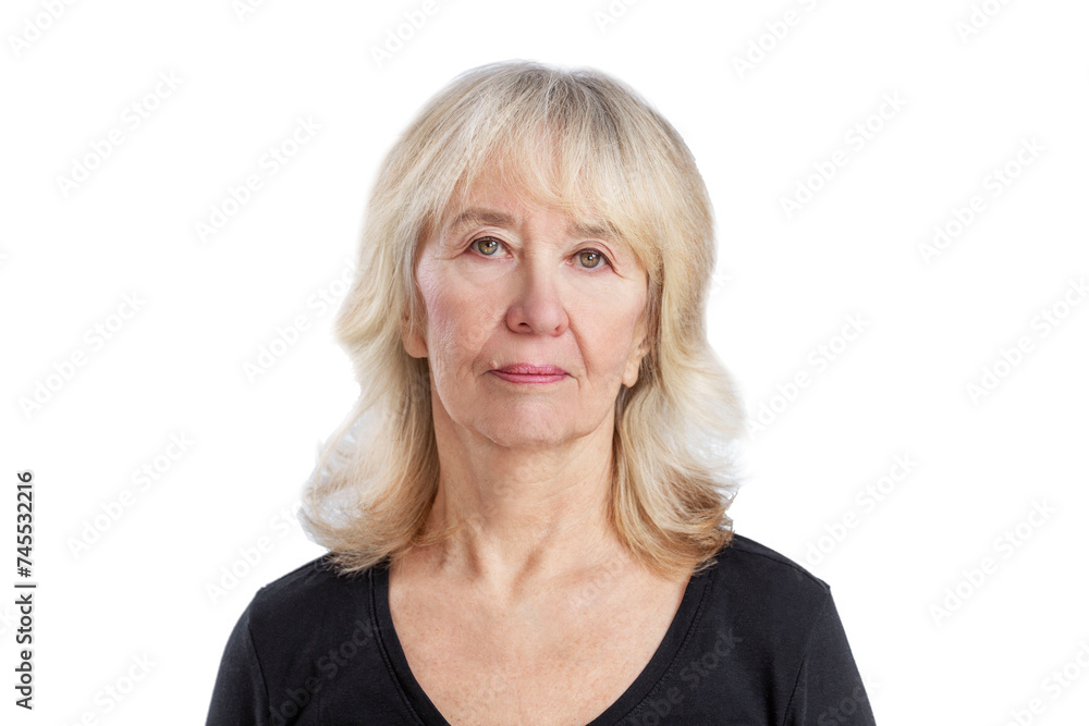 Elderly woman. Cute blonde woman with a neutral expression wearing a black sweater. Close-up. Isolated on a white background. Elderly woman. Cute blonde woman with a neutral expression wearing a black sweater. Close-up. Isolated on a white background.