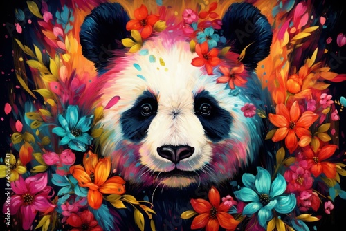 Panda colorful flowers. Flower garden. Generate Ai
