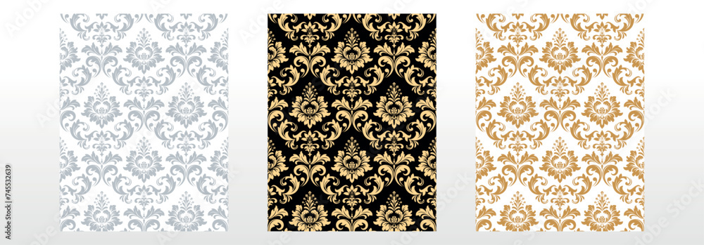 Wallpapers in the style of Baroque. Seamless vector backgrounds. Set of colored floral ornaments. Graphic patterns for fabric, wallpaper, packaging. Ornate Damask flower ornaments Wallpapers in the style of Baroque. Seamless vector backgrounds. Set of colored floral ornaments. Graphic patterns for fabric, wallpaper, packaging. Ornate Damask flower ornaments