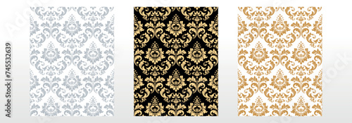 Wallpapers in the style of Baroque. Seamless vector backgrounds. Set of colored floral ornaments. Graphic patterns for fabric, wallpaper, packaging. Ornate Damask flower ornaments