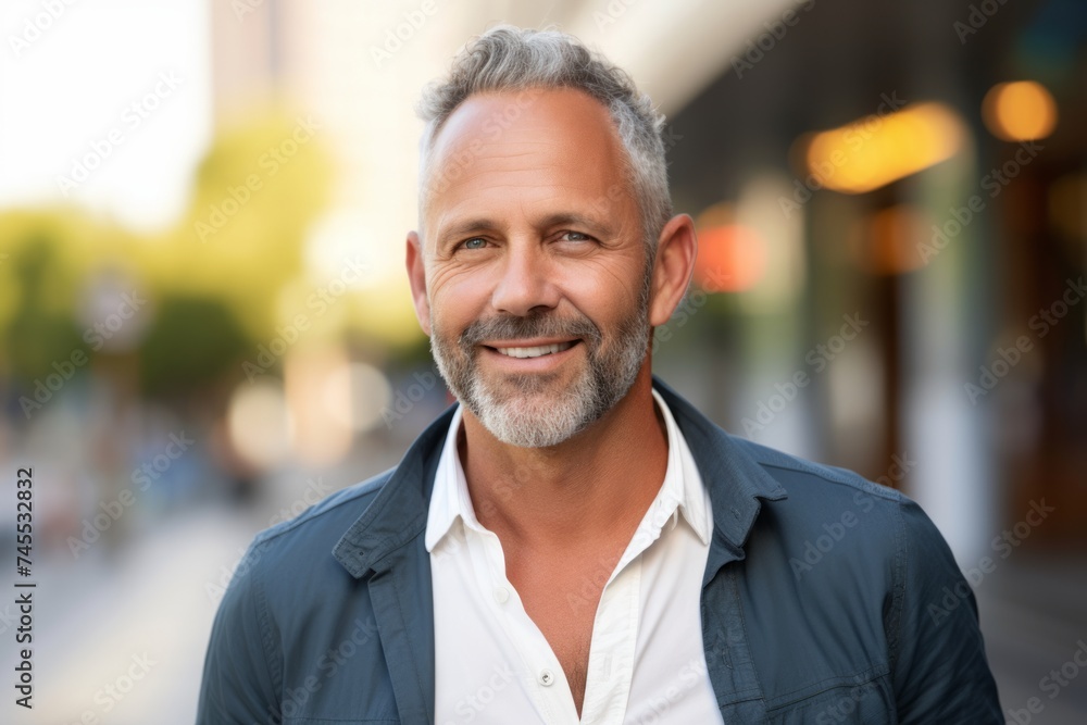 Handsome middle-aged man smiling at the camera outdoors. Handsome middle-aged man smiling at the camera outdoors.