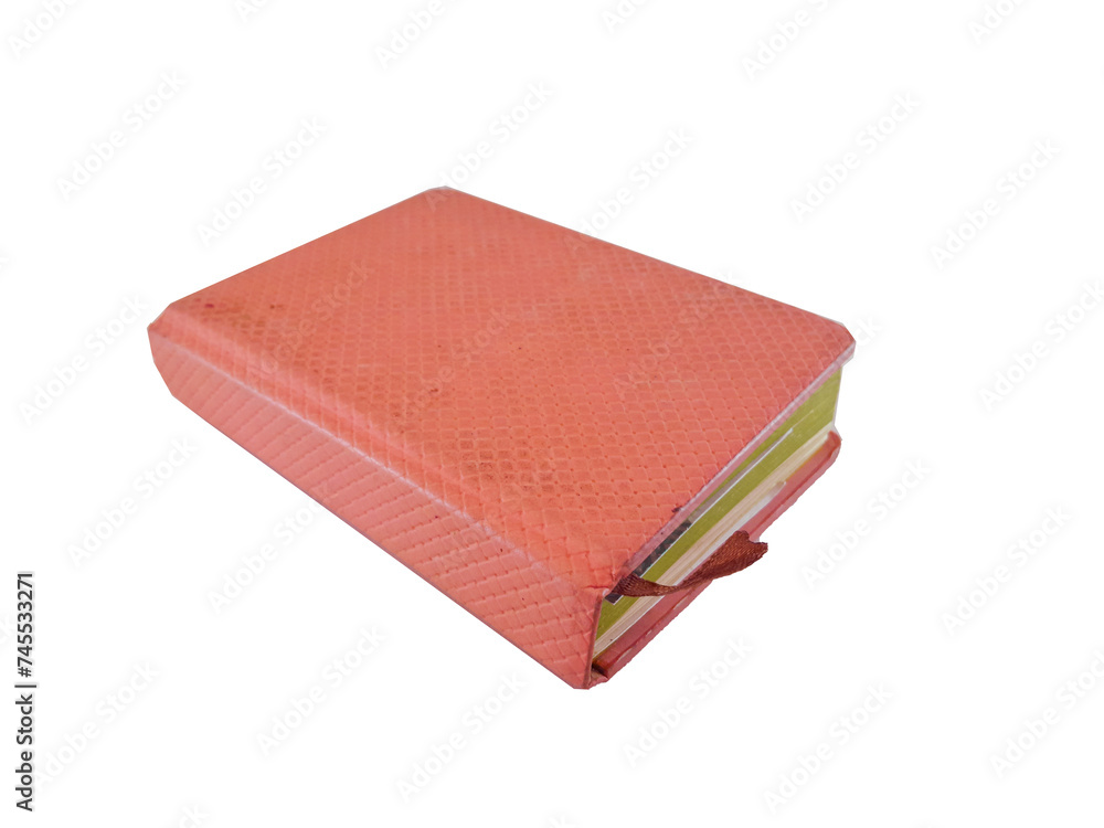 Fototapeta premium A pink leather-bound journal or book or folder used for notes with a bordered ribbon in the middle, isolated on white background with close up shot.
