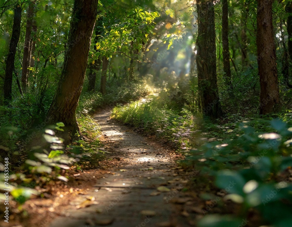 Describe a winding forest path disappearing into the depths. Sunbeams pierce through gaps in Describe a winding forest path disappearing into the depths. Sunbeams pierce through gaps in