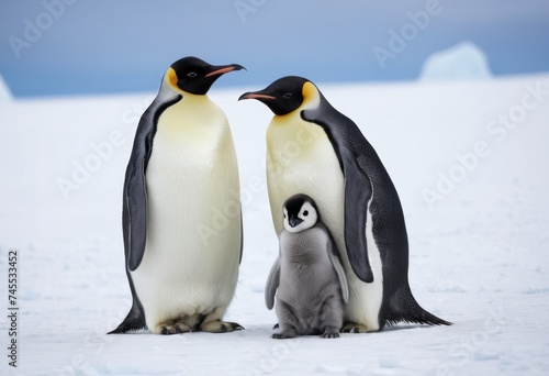 A view of a cute Emperor Penguin couple with a small offspring