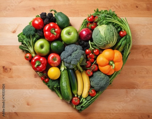 Heart shape by various vegetables and fruits. Healthy food concept