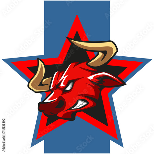 logo illustration of a bull head out fiercely from the stars icon, which looks bright and bold