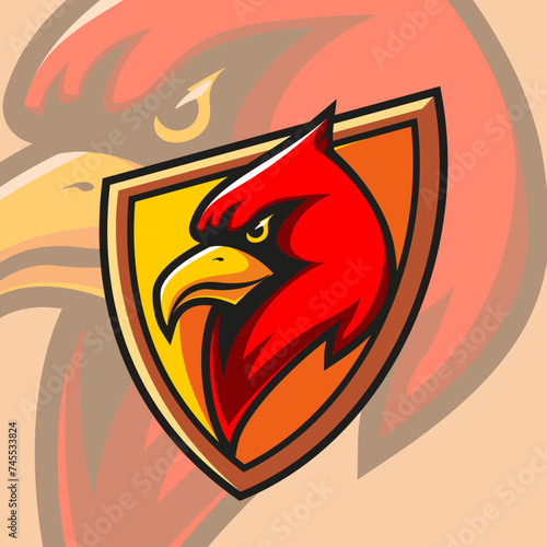 logo illustration of a cardinal head out fiercely from the shield icon, which looks bright and bold