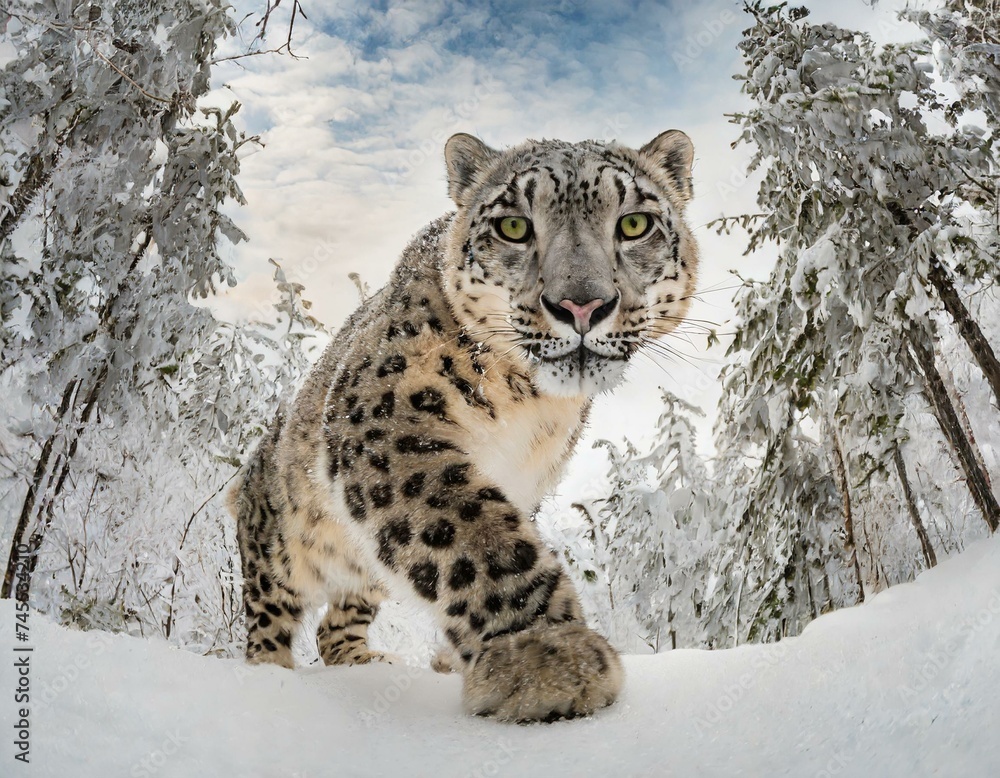 Explore the elusive beauty of a snow leopard prowling silently through a snow-covered forest Explore the elusive beauty of a snow leopard prowling silently through a snow-covered forest