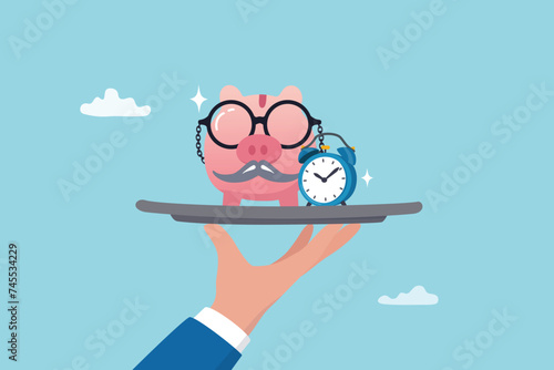 Pension fund investment for retirement, saving or wealth rich senior elderly adult, earning or profit, future value or growth for retirement planning concept, senior piggybank with alarm clock. photo