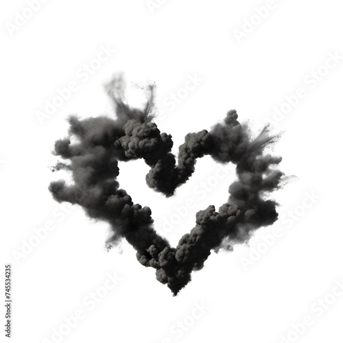 Black heart shaped smoke on a transparent background. A heart shape explosion