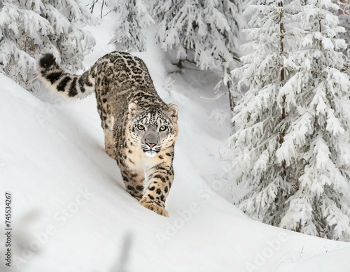 Explore the elusive beauty of a snow leopard prowling silently through a snow-covered forest