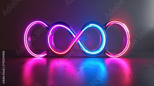 Double infinity symbol glowing with neon light. Purple, pink and blue colors. AI Generated