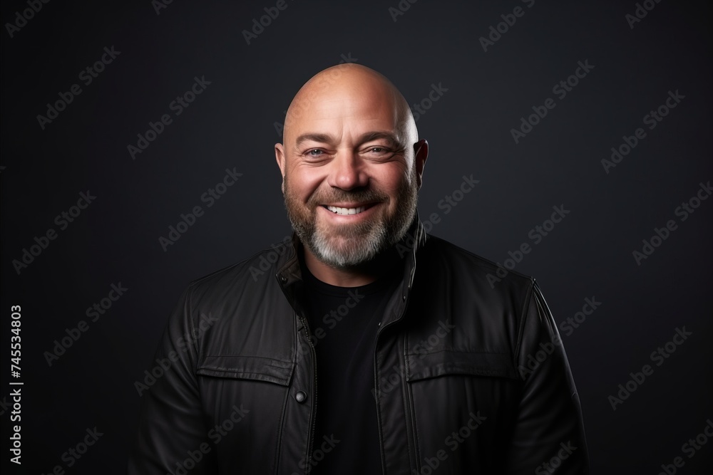 Portrait of a happy mature man in a black leather jacket on a dark background Portrait of a happy mature man in a black leather jacket on a dark background
