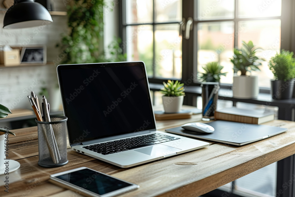 Modern work table with blank computer laptop and accessories in home office studio.Freelance designer or blogger concepts ideas Modern work table with blank computer laptop and accessories in home office studio.Freelance designer or blogger concepts ideas
