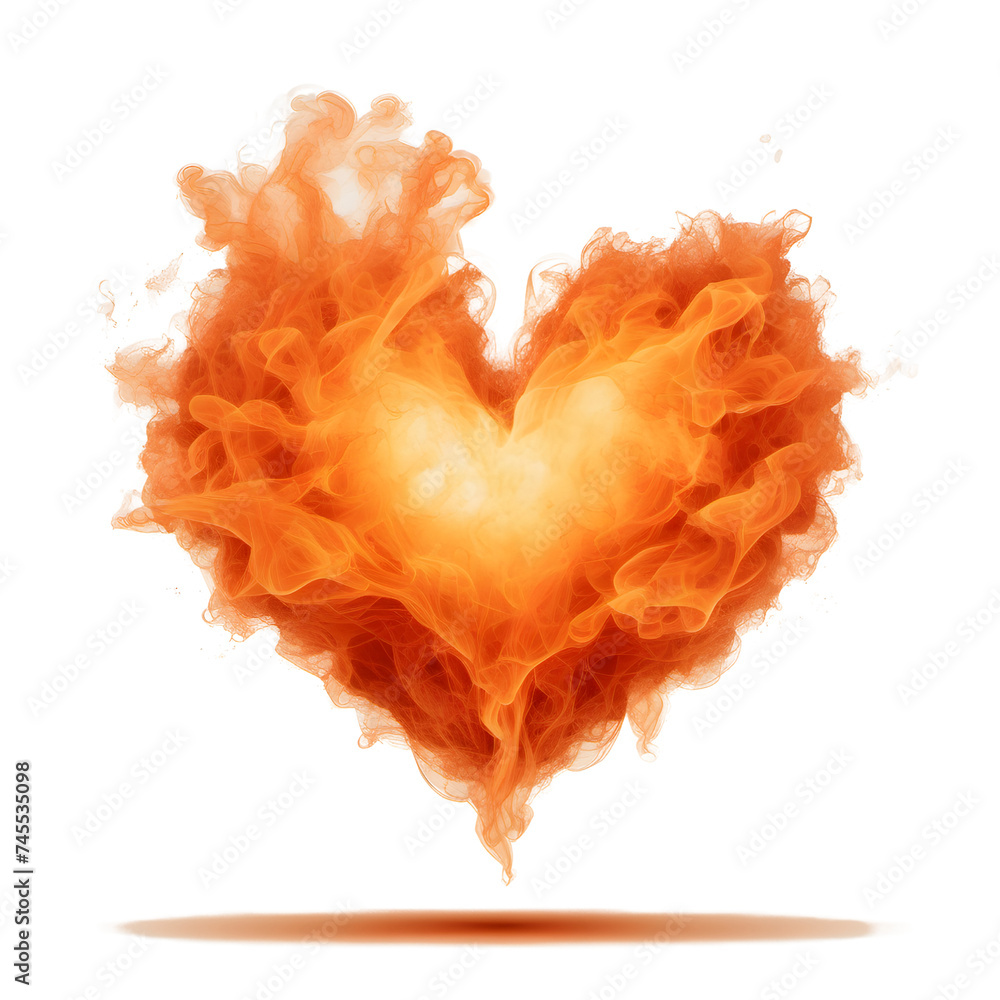 Heart shape soft cloud. Orange heart shaped smoke on a transparent background. 3d rendering