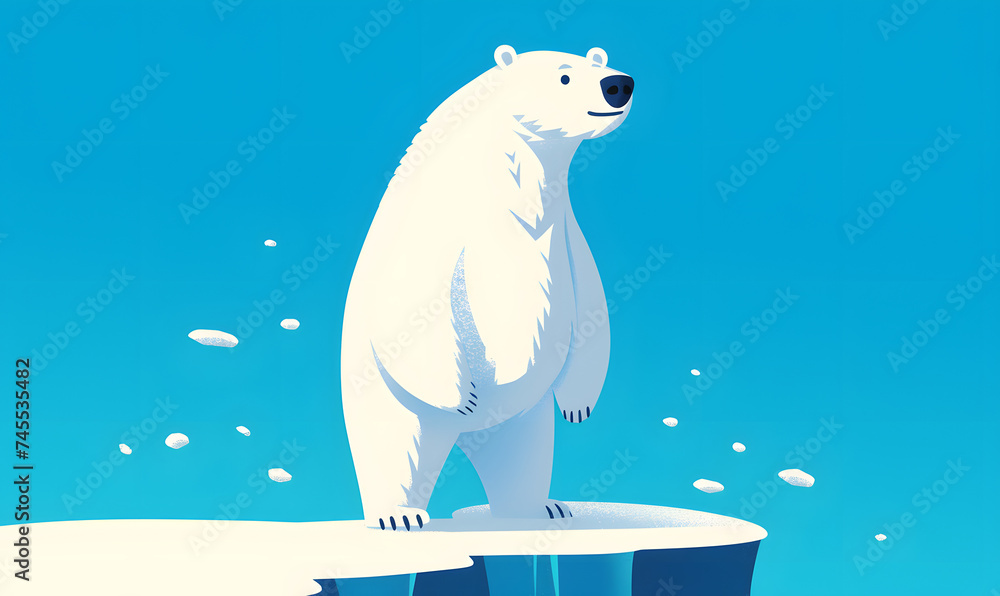 White polar bear stands on paws on ice floe. flat cartoon illustration, Generative AI White polar bear stands on paws on ice floe. flat cartoon illustration, Generative AI