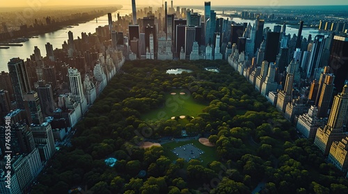 Aerial Helicopter Photo Over Central Park with Nature, Trees, People Having Picnic and Resting on a Field Around Manhattan Skyscrapers Cityscape. Beautiful Evening with Warm Sunset Light.
