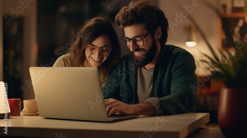 couple using laptop at home with glasses