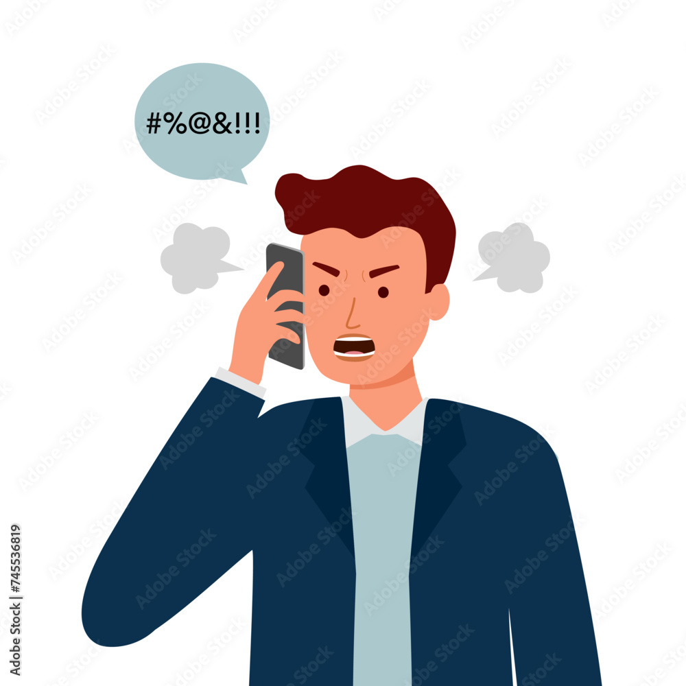 Angry man on phone in flat design. Businessman upset speaking on mobile. Angry man on phone in flat design. Businessman upset speaking on mobile.