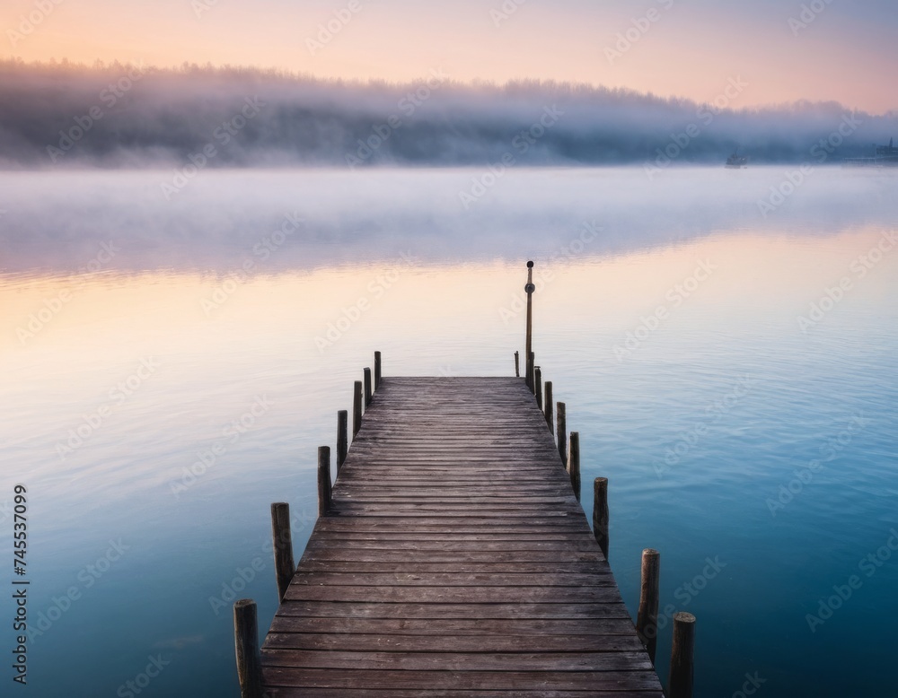 Wooden pier by lake at calm foggy morning.