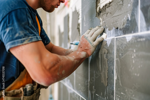 A man installing a tile wall