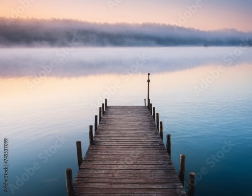 Wooden pier by lake at calm foggy morning.
