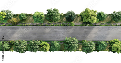 Aerial view of straight asphalt road isolated on transparent background