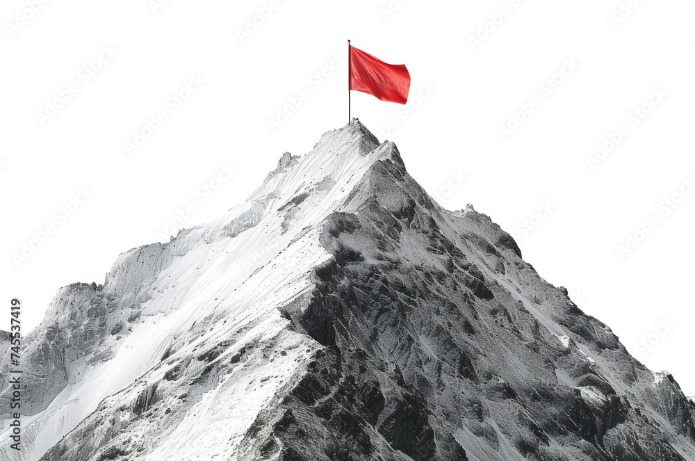 Snowy mountain with red flag on the top isolated on transparent background - obrazy, fototapety, plakaty 