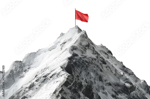 Snowy mountain with red flag on the top isolated on transparent background