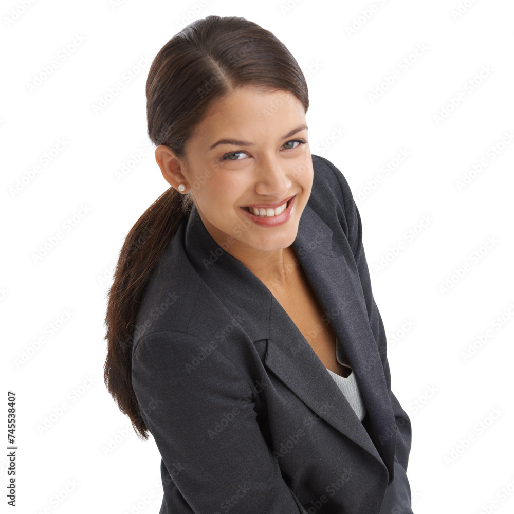 Portrait, smile and suit with business woman in studio isolated on white background for corporate career. Face, administration or human resources with young employee happy as working professional Portrait, smile and suit with business woman in studio isolated on white background for corporate career. Face, administration or human resources with young employee happy as working professional