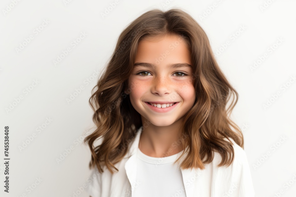Portrait of a cute little girl with long curly hair on a white background Portrait of a cute little girl with long curly hair on a white background