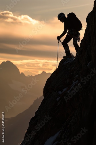 Silhouette of a mountaineer on top of a mountain. hiking at sunset