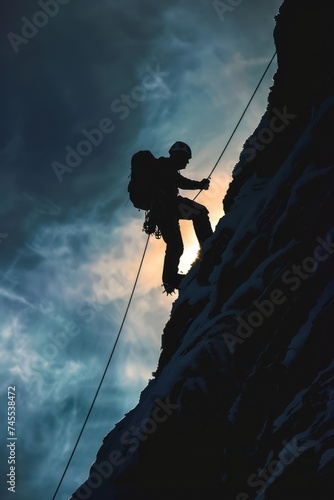 Silhouette of a climber climbing a challenging route on a rocky wall